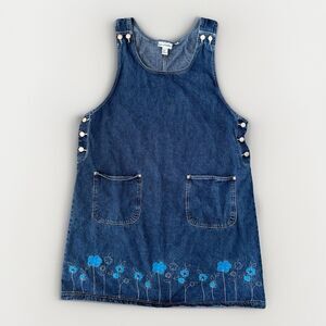 Denim Mini Dress Womens Size 1X Vintage Blue Flower Embroidery Y2K Tank